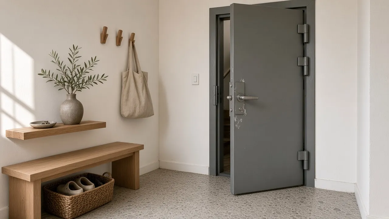 Tidy apartment entryway with an oak bench, a shoe basket and wall hooks beside the open grey steel door of a mamad safe room, on terrazzo tiles