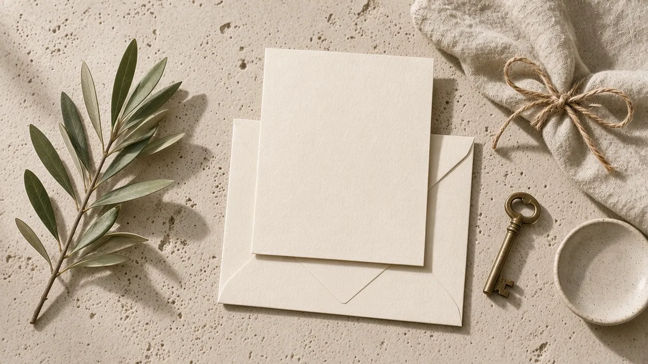 Blank cream gift card and envelope with a terracotta wax seal, an olive branch, a brass key and a linen bundle tied with twine, laid on limestone