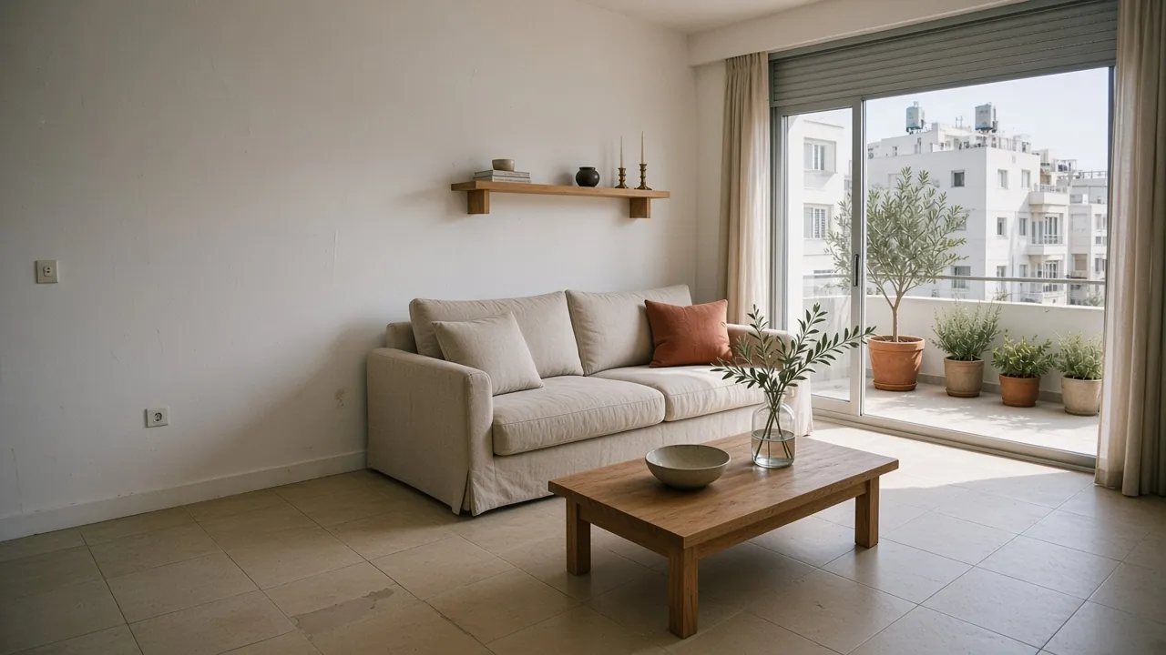 Bright living room in a Tel Aviv apartment with a linen sofa, an oak coffee table and an olive branch, and a balcony of potted olive trees through the sliding window
